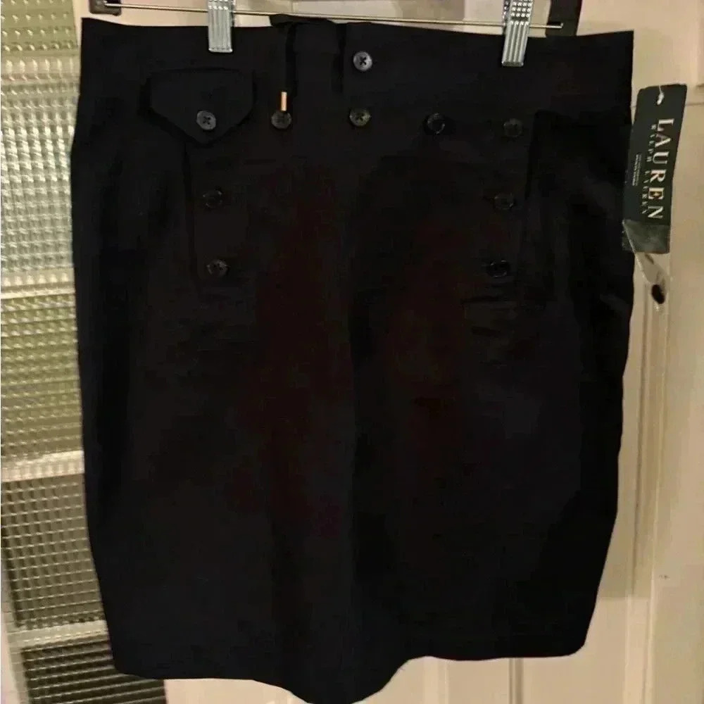 Lauren Ralph Lauren navy sailor button front skirt with lace up back. Size 8 NWT